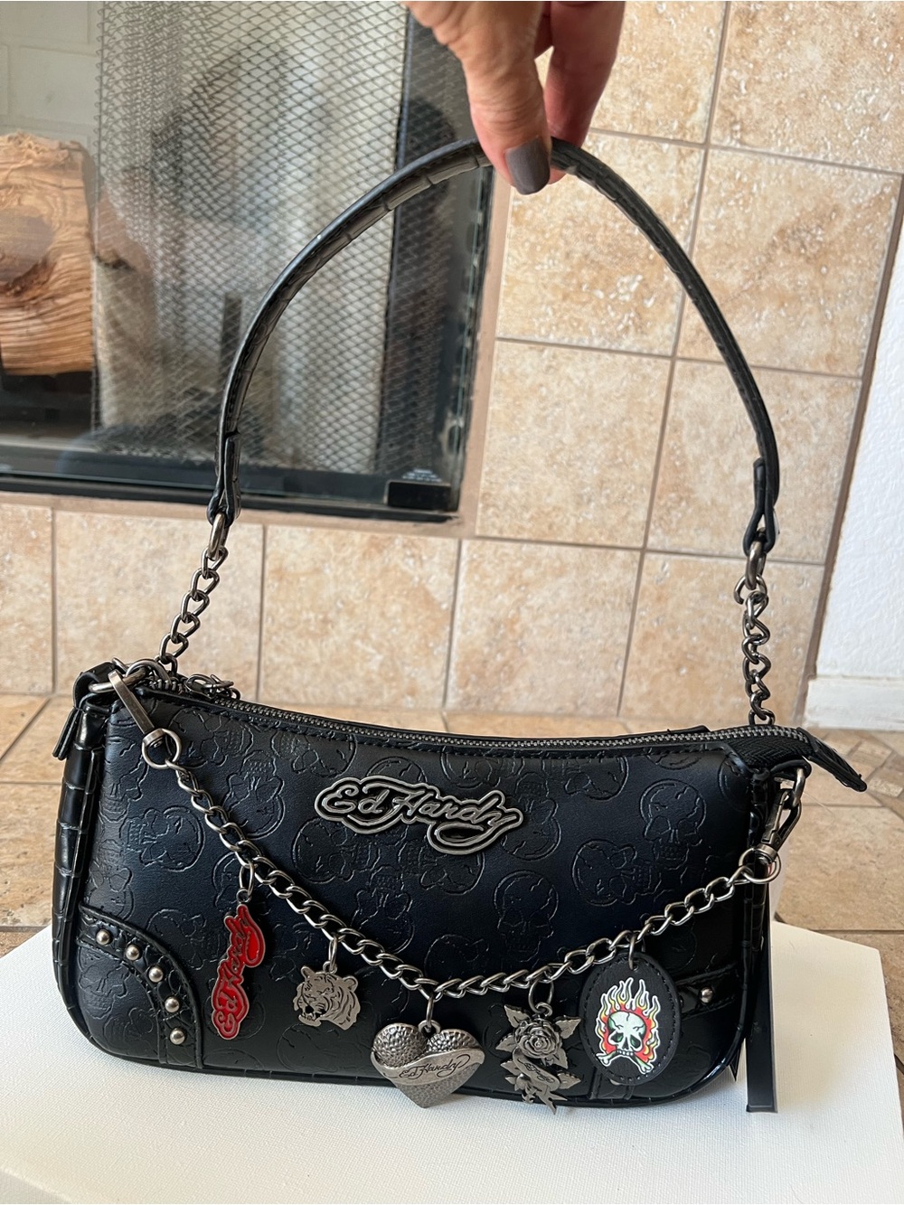 Ed Hardy Black Shoulder Bag with Charm Chain